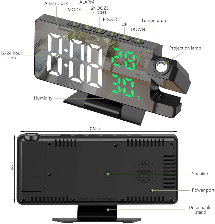 Reloj despertador digital con proyector hora y pantalla tipo espejo