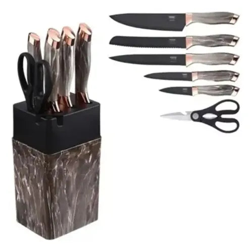 Set Cuchillos De Cocina 7 Piezas Con Bloque Diseño De Mármol