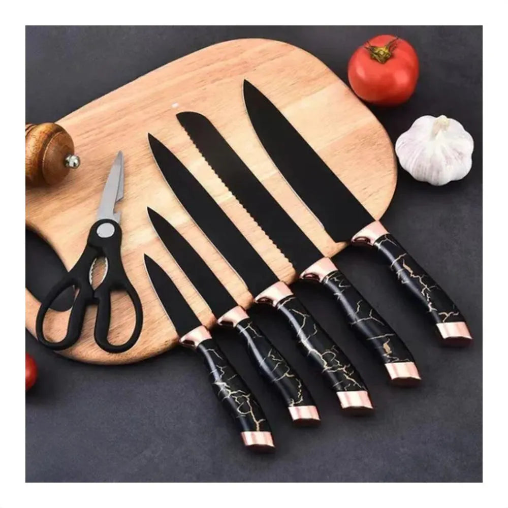 Set Cuchillos De Cocina 7 Piezas Con Bloque Diseño De Mármol