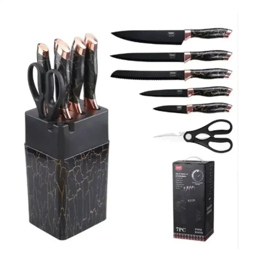 Set Cuchillos De Cocina 7 Piezas Con Bloque Diseño De Mármol