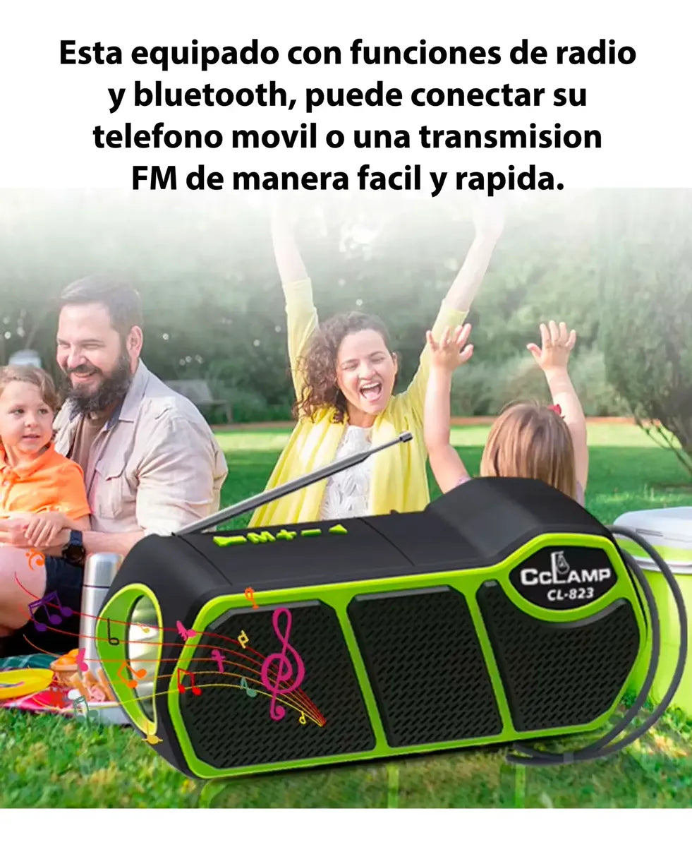 Radio Parlante Solar Recargable Bluetooth Fm Radio + Linterna Usb Cl-823