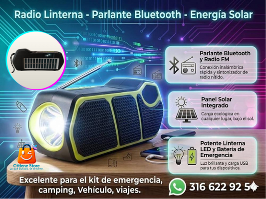 Radio Parlante Solar Recargable Bluetooth Fm Radio + Linterna Usb Cl-823