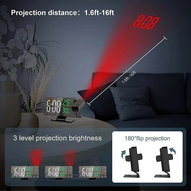 Reloj despertador digital con proyector hora y pantalla tipo espejo