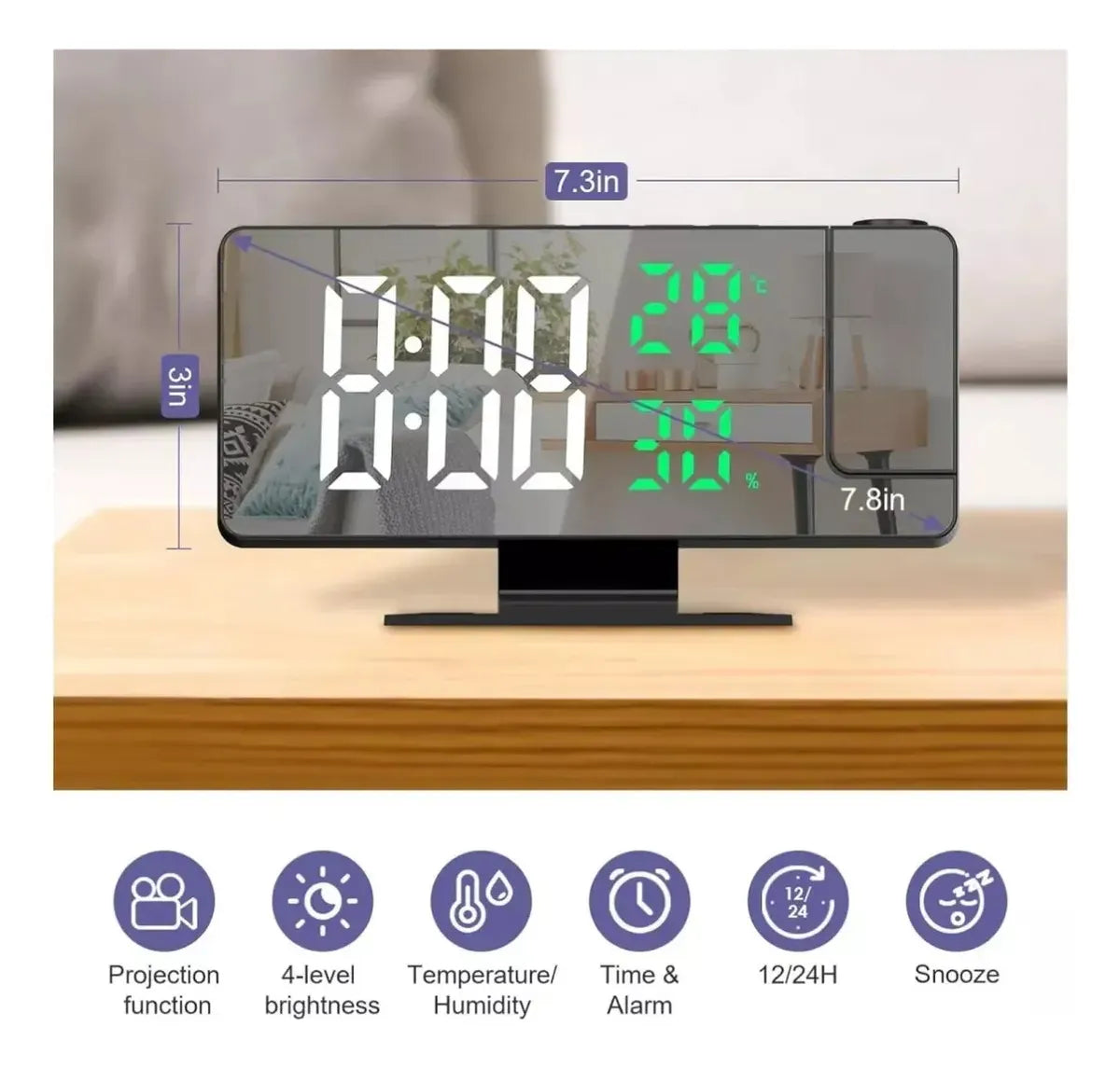 Reloj despertador digital con proyector hora y pantalla tipo espejo